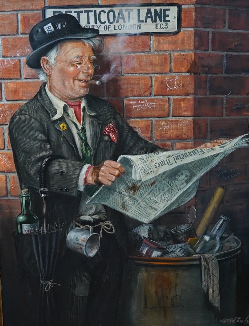 Keith English (1935-2016), oil on canvas, “Last Businessman in Britain”, signed, 101 x 75cm, gilt frame. Condition - good